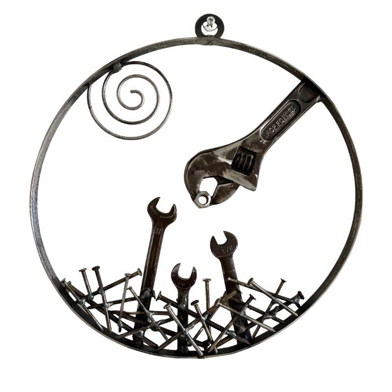 Nurturing Nest Metal Wall Art – Handmade Tool Art Sculpture – Industrial Wrench & Tool Decor – Unique Recycled Metal Home Accent – Gift for Mechanics & Makers