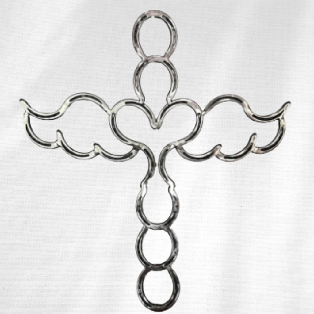Angel Horseshoe Cross – Handmade Metal Cross with Wings – Steel Horseshoe Angel Wall Art – Faith-Inspired Farmhouse Decor – Christian Gift