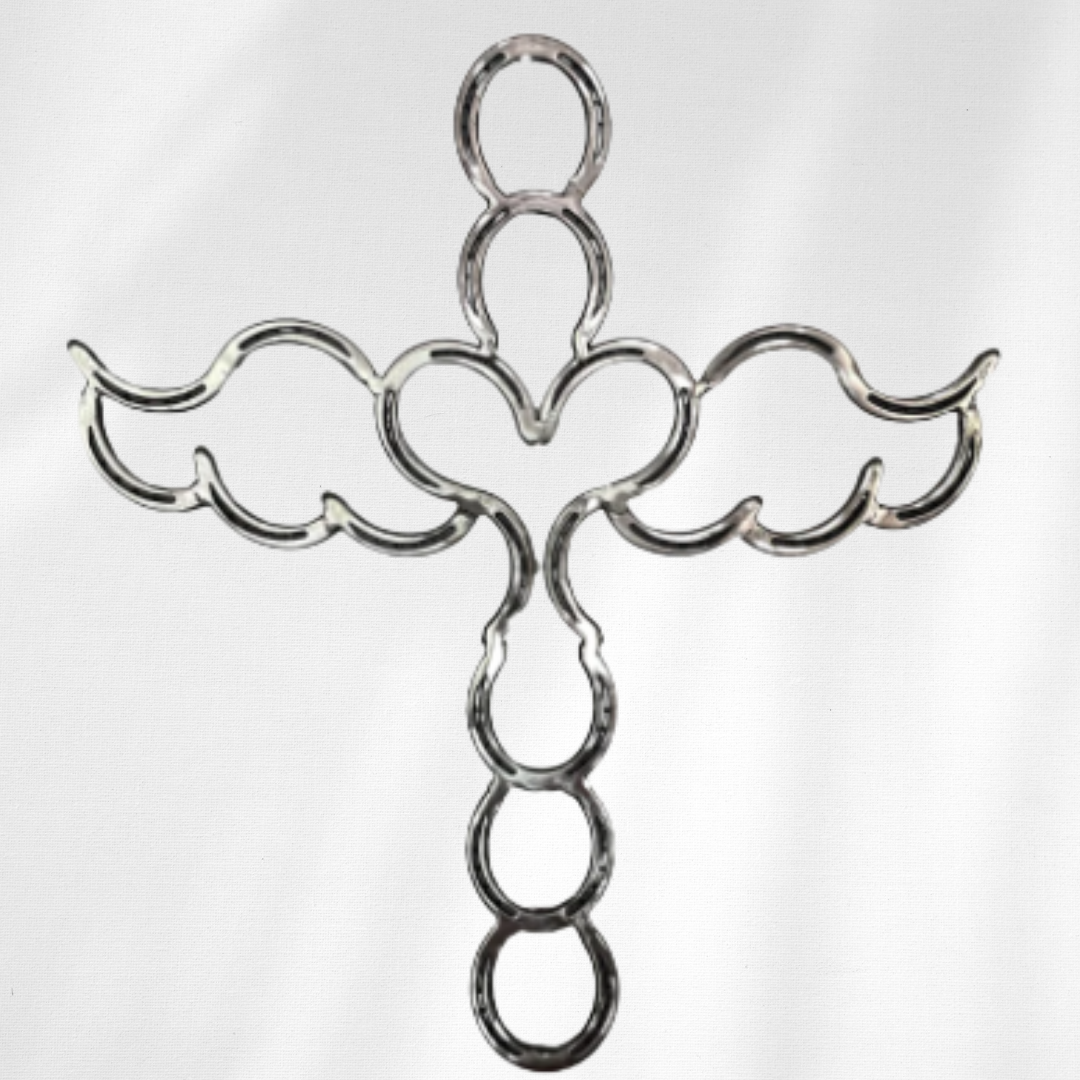 Angel Horseshoe Cross – Handmade Metal Cross with Wings – Steel Horseshoe Angel Wall Art – Faith-Inspired Farmhouse Decor – Christian Gift