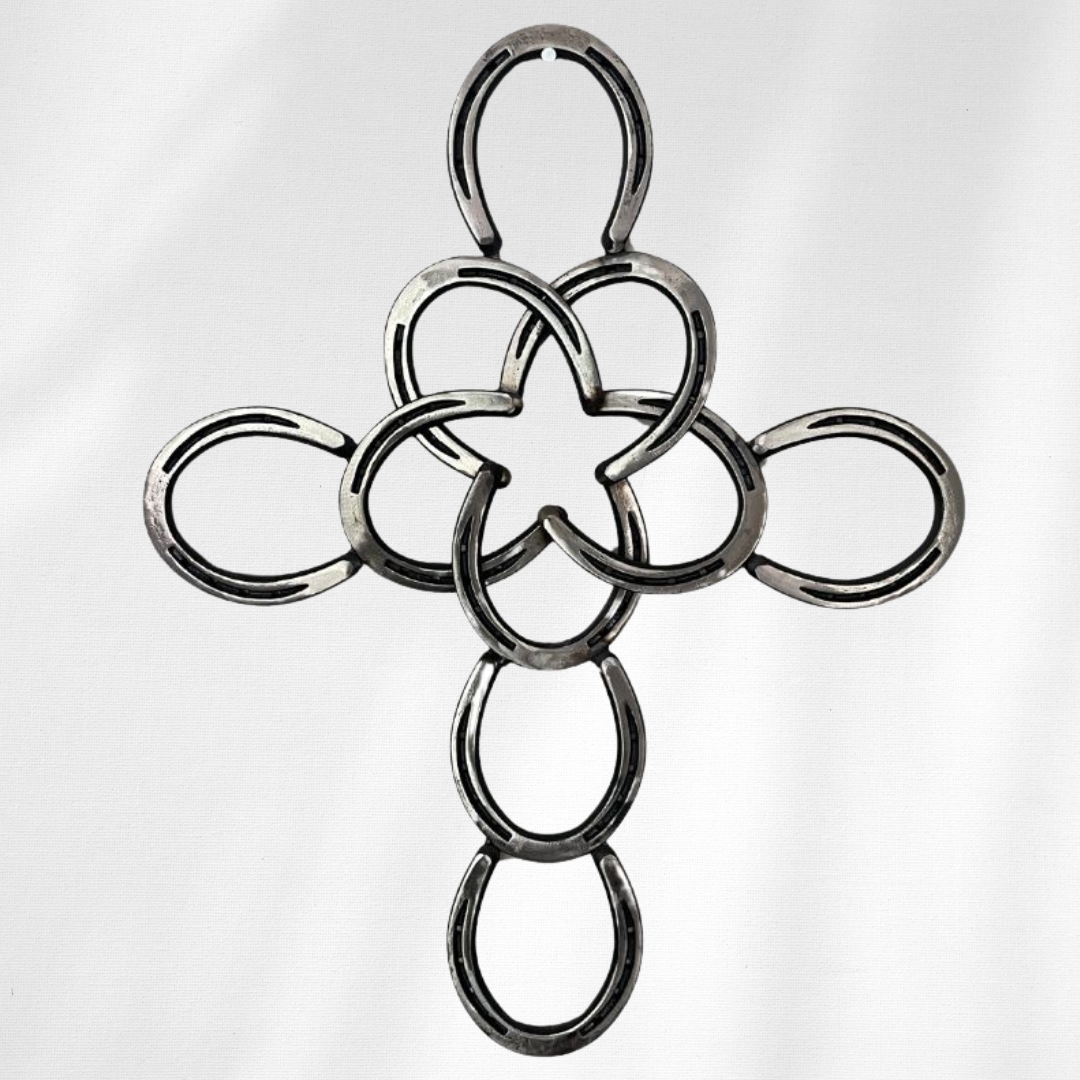 Celtic Horseshoe Cross – Handmade Metal Wall Cross – Interlocking Horseshoe Christian Decor – Rustic Faith Gift – Farmhouse Wall Art