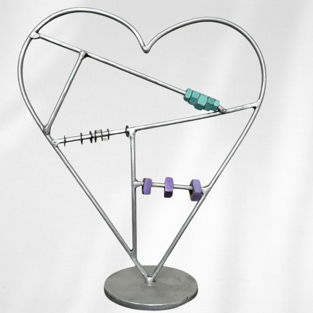 Interactive Silver Heart Sculpture with Sliding Nuts & Washers – Handmade Metal Desktop Fidget Art – Distressed Silver Heart Decor – Unique Gift for Someone You Love