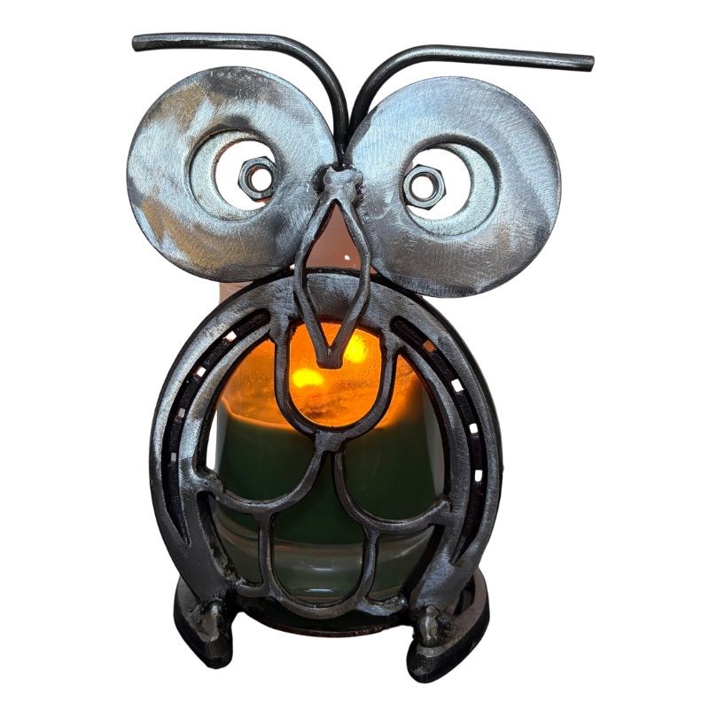 Horseshoe Owl Metal Art – Candle Holder, Plant Stand, or Doorstop – Handmade Steel Owl Decor - 1