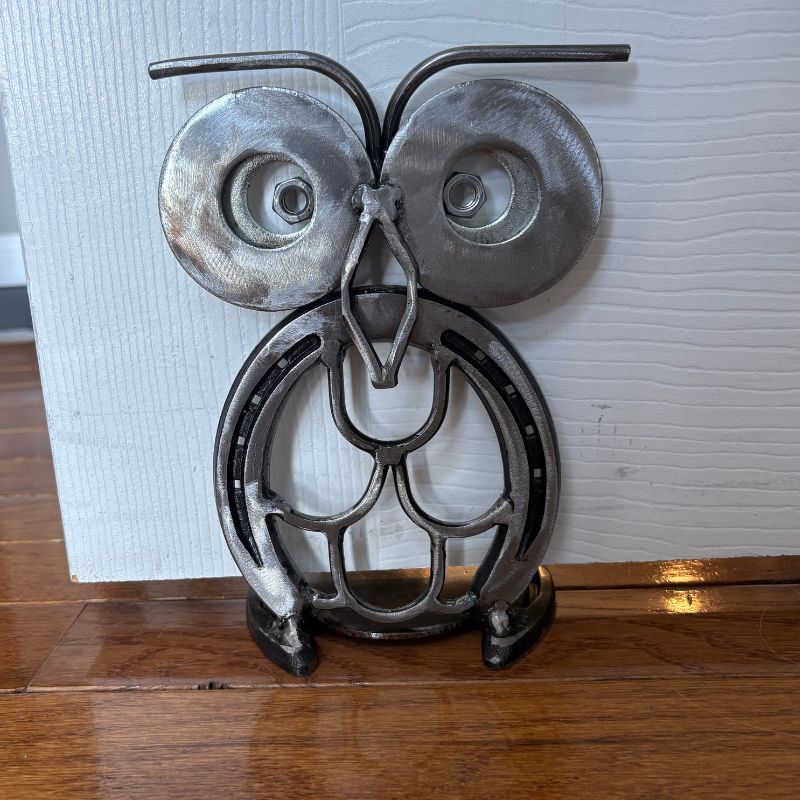 Horseshoe Owl Metal Art – Candle Holder, Plant Stand, or Doorstop – Handmade Steel Owl Decor - 1