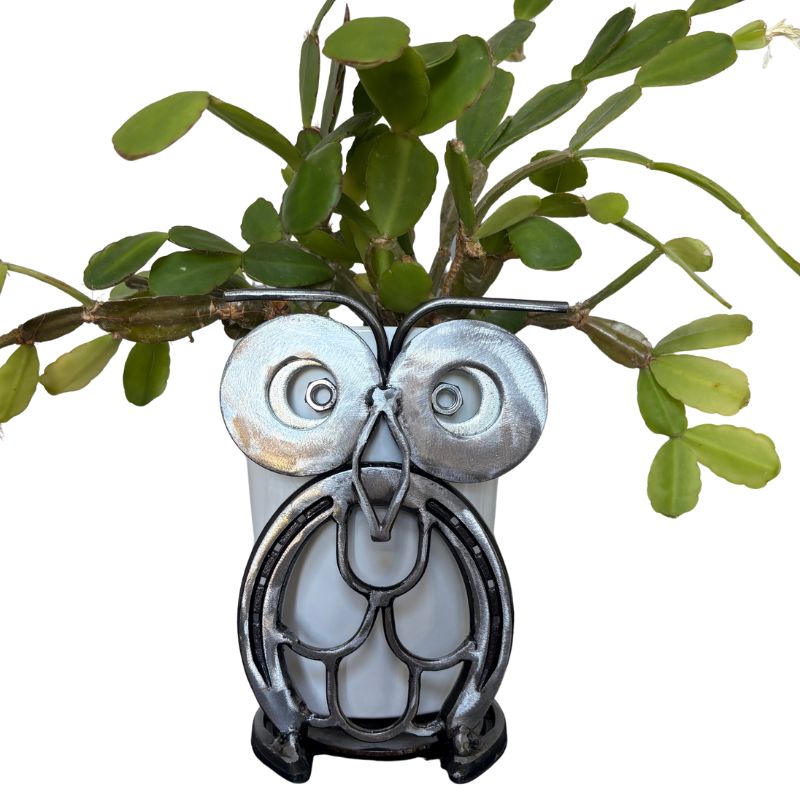 Horseshoe Owl Metal Art – Candle Holder, Plant Stand, or Doorstop – Handmade Steel Owl Decor - 1