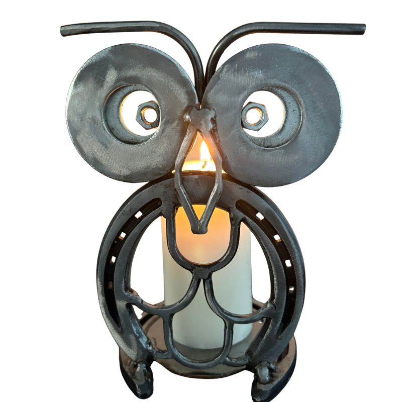 Horseshoe Owl Metal Art – Candle Holder, Plant Stand, or Doorstop – Handmade Steel Owl Decor - 1