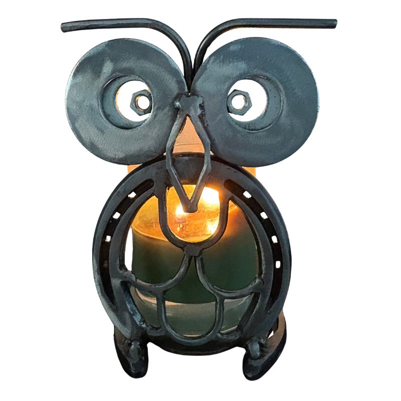 Horseshoe Owl Metal Art – Candle Holder, Plant Stand, or Doorstop – Handmade Steel Owl Decor - 1