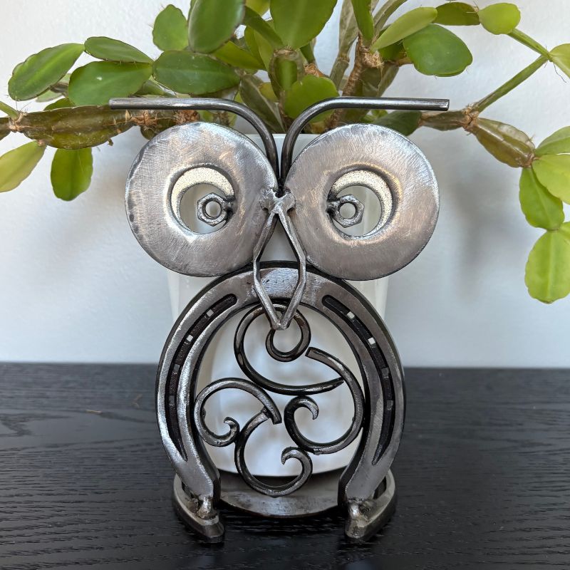 Horseshoe Owl Metal Art – Candle Holder, Plant Stand, or Doorstop – Handmade Steel Owl Decor - 2