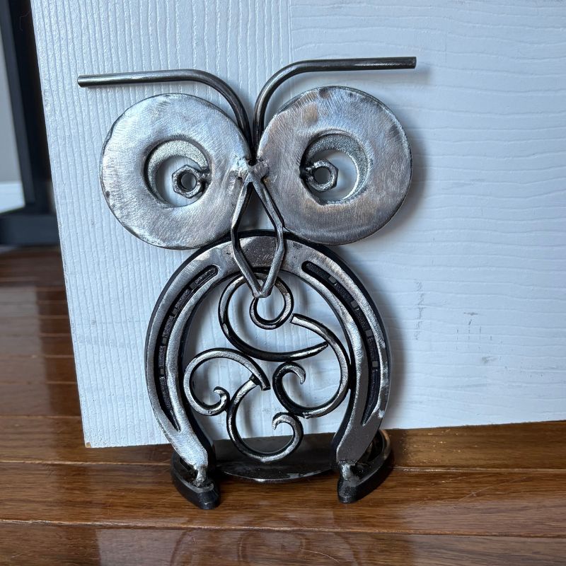 Horseshoe Owl Metal Art – Candle Holder, Plant Stand, or Doorstop – Handmade Steel Owl Decor - 2