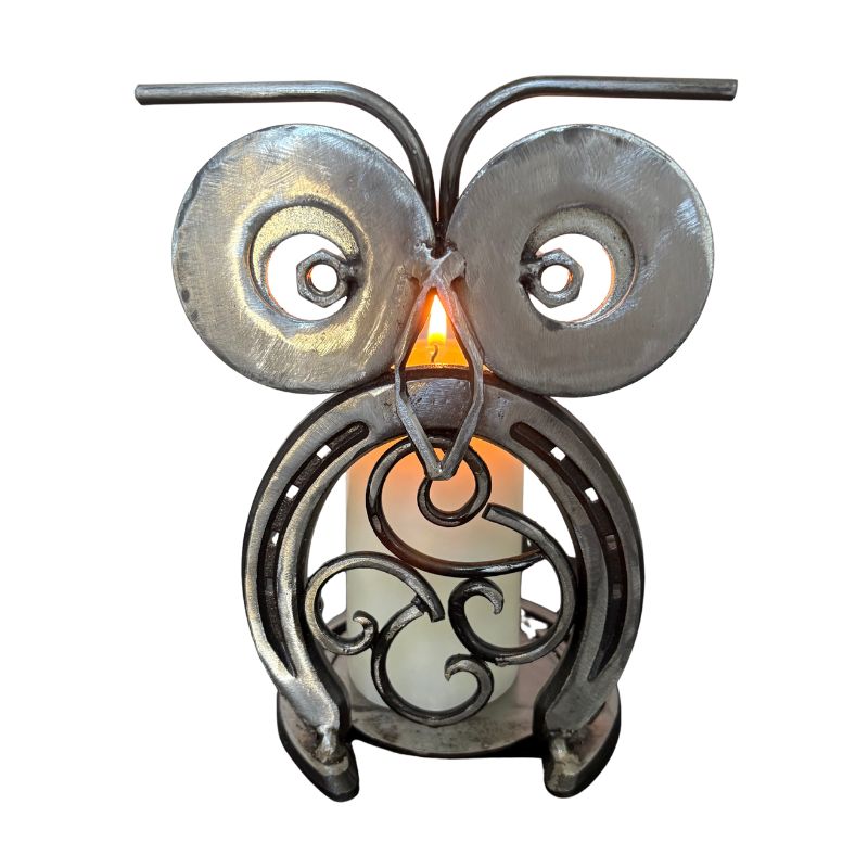 Horseshoe Owl Metal Art – Candle Holder, Plant Stand, or Doorstop – Handmade Steel Owl Decor - 2