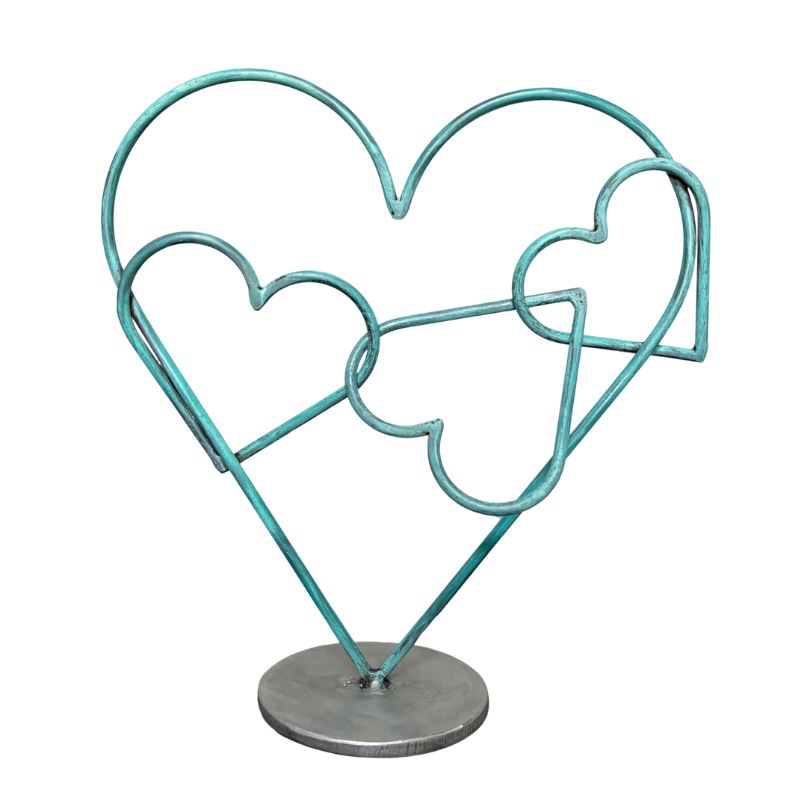 Distressed Patina Heart Sculpture with Rotating Center Heart – Handmade Metal Desktop Art – Interactive Fidget Decor – Unique Gift for Someone You Love – Modern Heart Table Sculpture