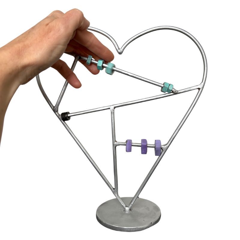 Interactive Silver Heart Sculpture with Sliding Nuts & Washers – Handmade Metal Desktop Fidget Art – Distressed Silver Heart Decor – Unique Gift for Someone You Love