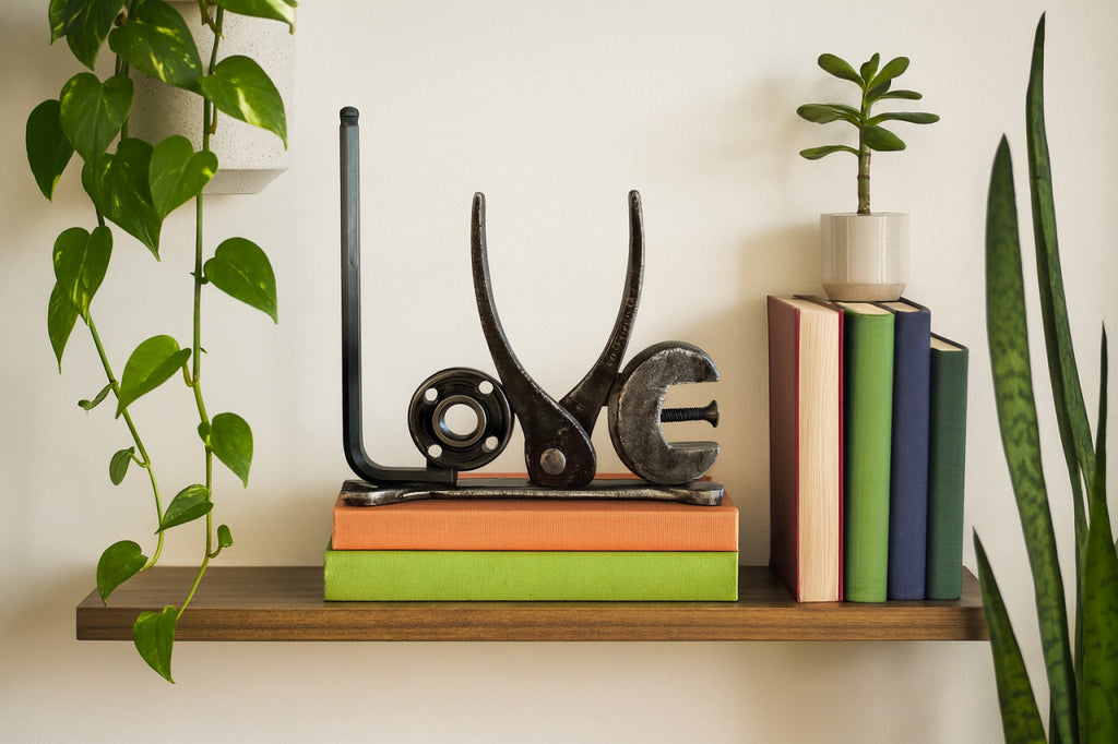 Handmade Metal LOVE Sculpture – Upcycled Tool Art – Industrial Rustic Home Decor