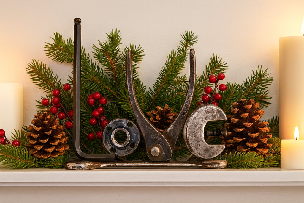 Handmade Metal LOVE Sculpture – Upcycled Tool Art – Industrial Rustic Home Decor