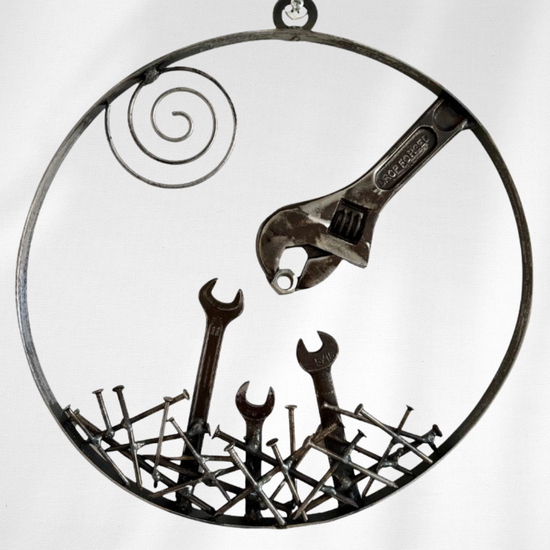 Nurturing Nest Metal Wall Art – Handmade Tool Art Sculpture – Industrial Wrench & Tool Decor – Unique Recycled Metal Home Accent – Gift for Mechanics & Makers