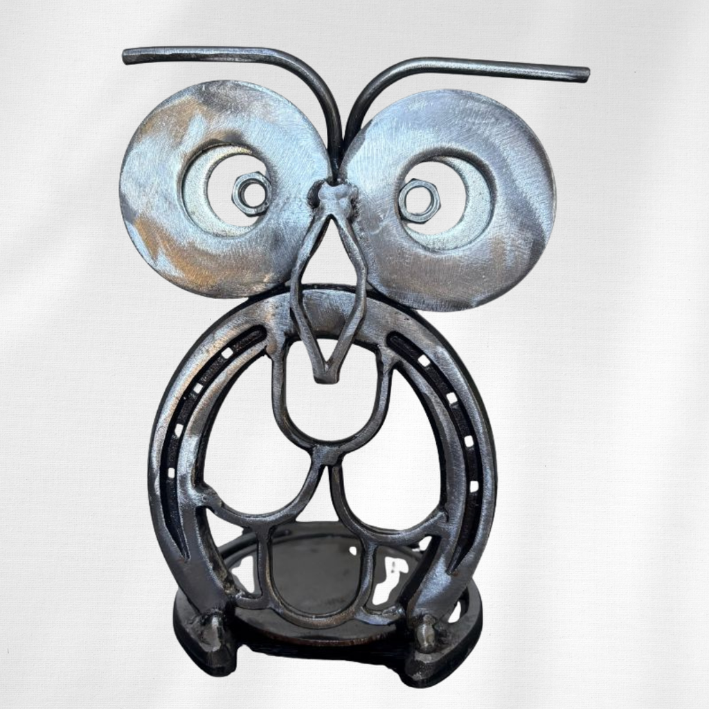 Horseshoe Owl Metal Art – Candle Holder, Plant Stand, or Doorstop – Handmade Steel Owl Decor - 1