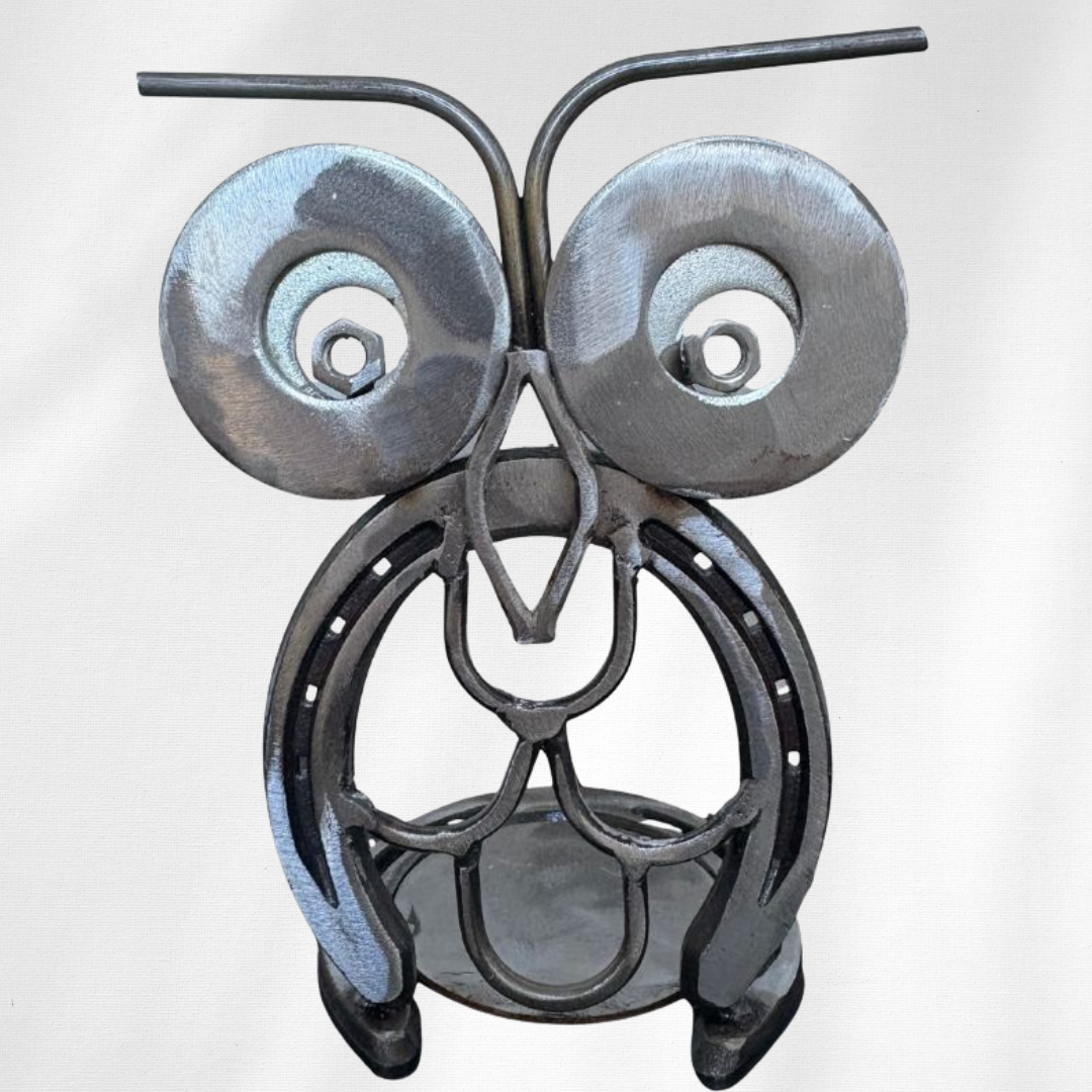 Horseshoe Owl Metal Art – Candle Holder, Plant Stand, or Doorstop – Handmade Steel Owl Decor - 3