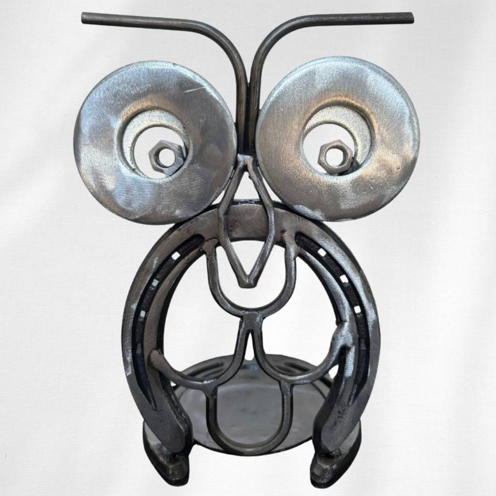 Horseshoe Owl Metal Art – Candle Holder, Plant Stand, or Doorstop – Handmade Steel Owl Decor - 4