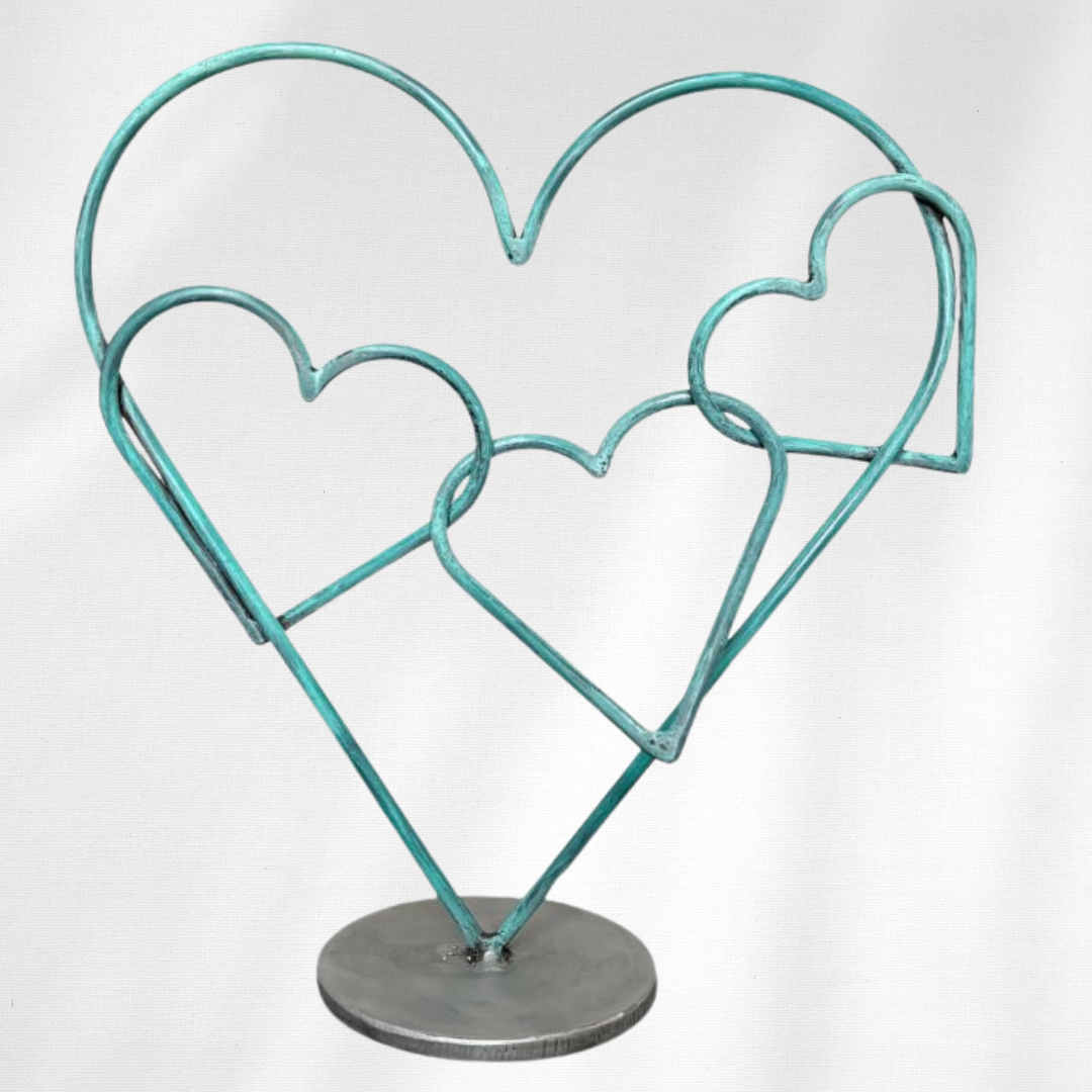 Distressed Patina Heart Sculpture with Rotating Center Heart – Handmade Metal Desktop Art – Interactive Fidget Decor – Unique Gift for Someone You Love – Modern Heart Table Sculpture