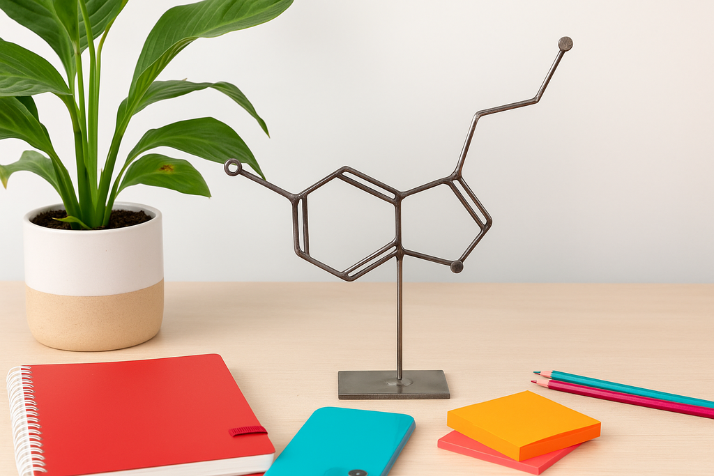 Serotonin Molecule Sculpture – Metal Serotonin Tabletop Decor – Handmade Steel Molecule Art – Science Gift for Office, Lab, Classroom, or Therapy Space