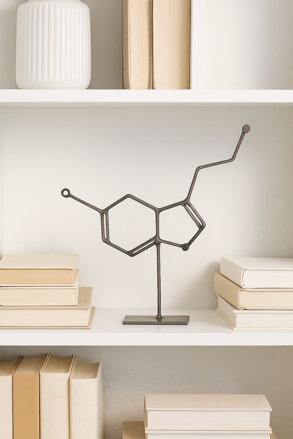Serotonin Molecule Sculpture – Metal Serotonin Tabletop Decor – Handmade Steel Molecule Art – Science Gift for Office, Lab, Classroom, or Therapy Space