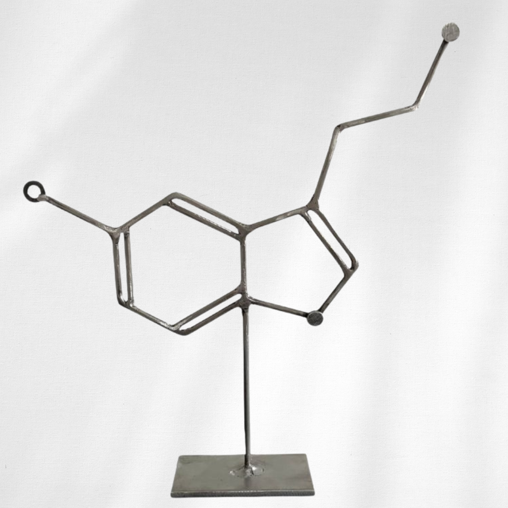 Serotonin Molecule Sculpture – Metal Serotonin Tabletop Decor – Handmade Steel Molecule Art – Science Gift for Office, Lab, Classroom, or Therapy Space