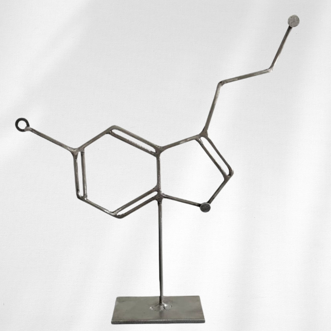 Serotonin Molecule Sculpture – Metal Serotonin Tabletop Decor – Handmade Steel Molecule Art – Science Gift for Office, Lab, Classroom, or Therapy Space