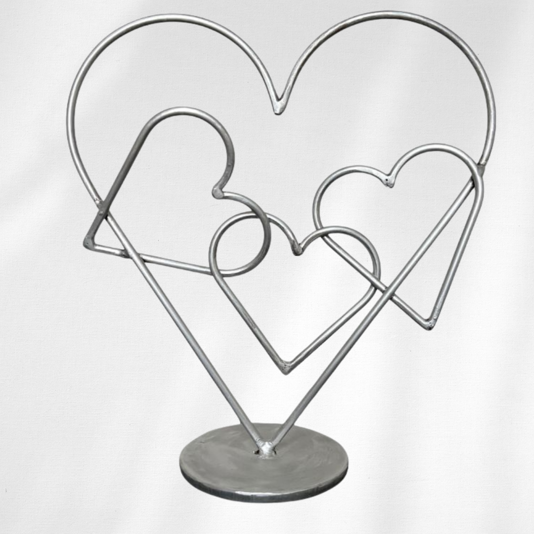 Silver Metal Heart Sculpture with Freely Moving Center Heart – Handmade Steel Desktop Art – Modern Heart Table Decor – Unique Gift for Someone You Love