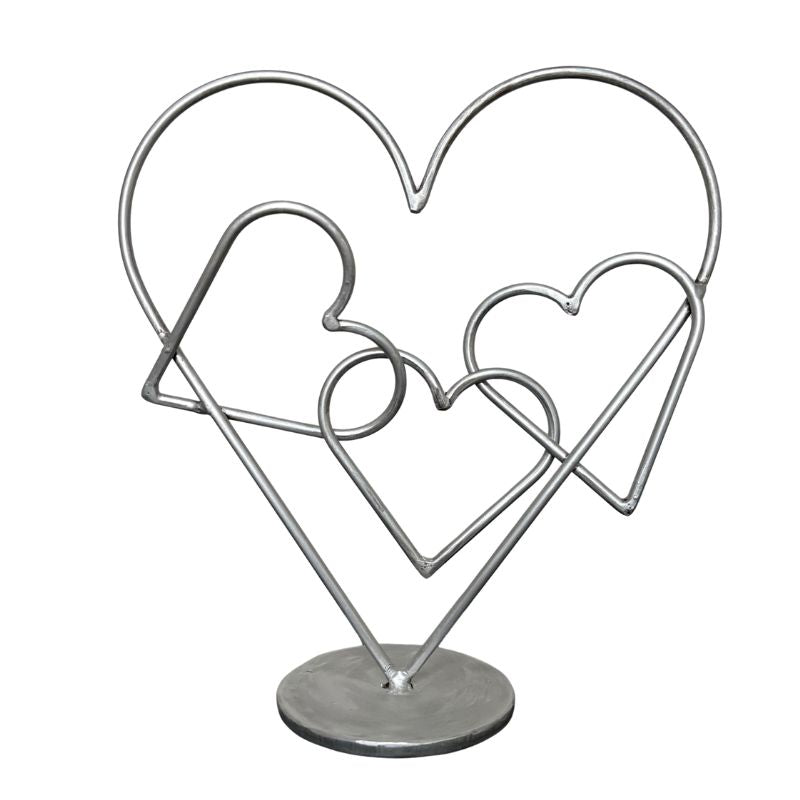 Silver Metal Heart Sculpture with Freely Moving Center Heart – Handmade Steel Desktop Art – Modern Heart Table Decor – Unique Gift for Someone You Love