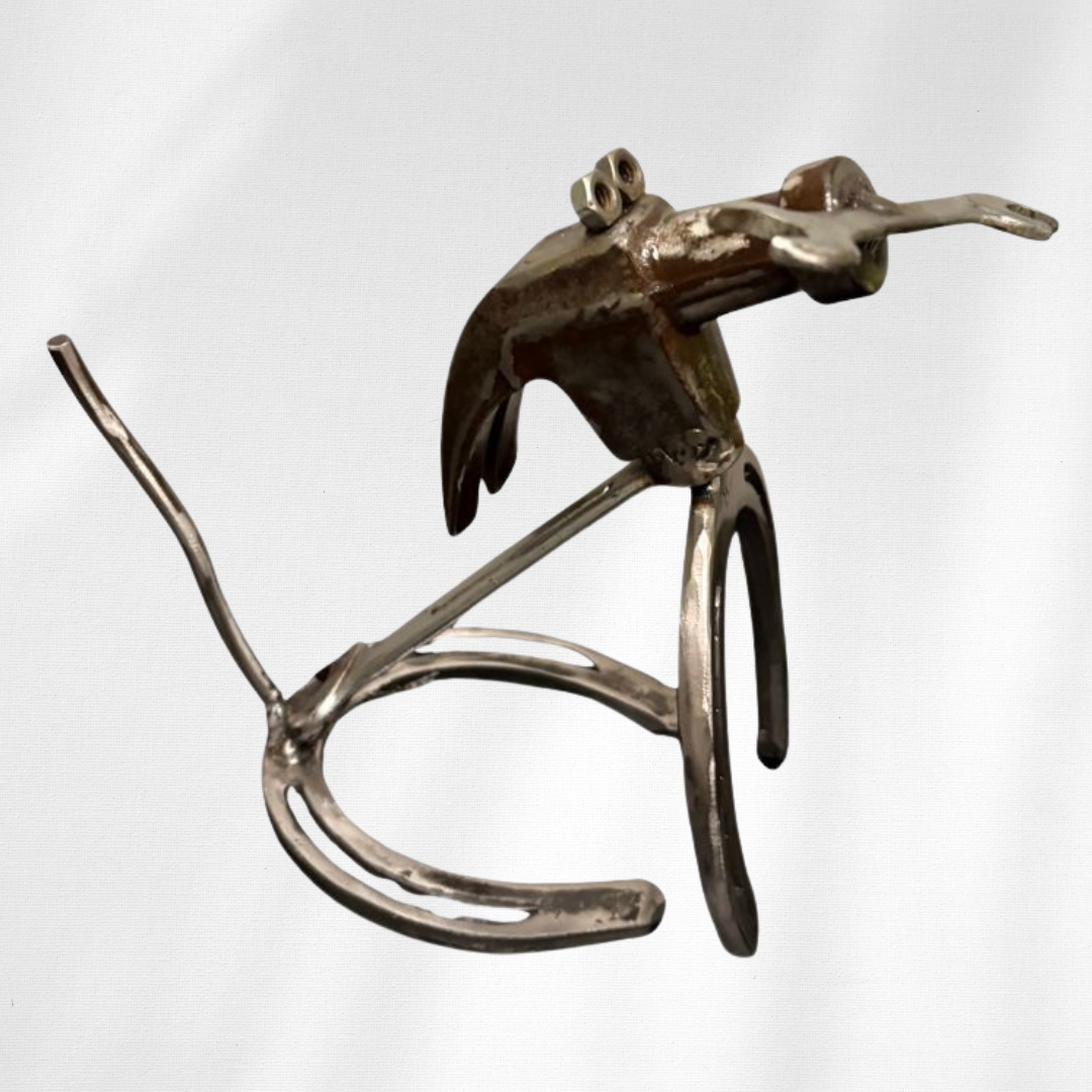 Horseshoe Dog Sculpture with Wrench Bone – Handmade Metal Dog Decor – Upcycled Tool Art Dog – Unique Gift for Dog Lovers & Mechanics